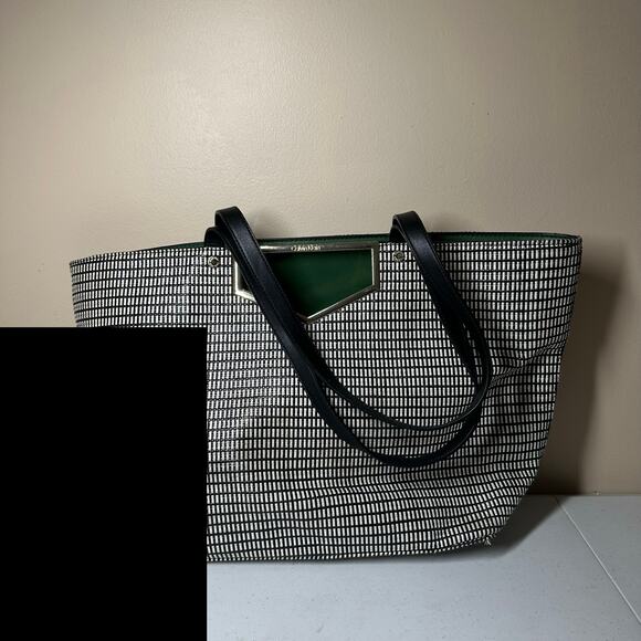 Calvin Klein Ashlynn Raffia Extra-Large Cut Out Hardware Tote Black White Green - Picture 7 of 10